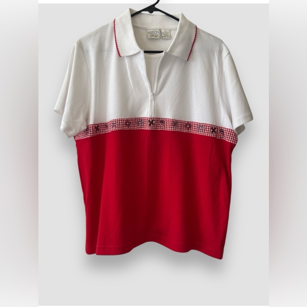 Allison Daley Petite Women’s Red and White Polo Shirt 3/4 Zip Size Lg Petite NWT - Picture 1 of 6